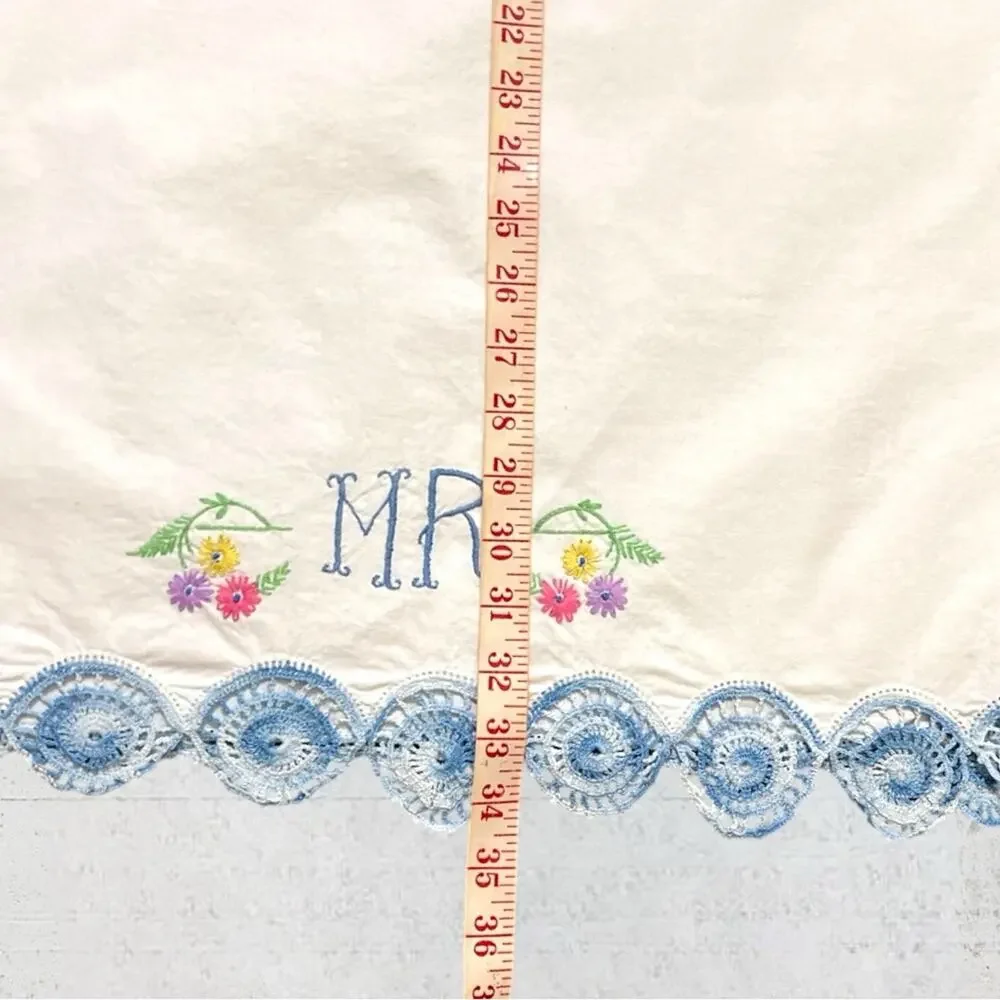 King Size Hand Embroidered Crochet Mr & Mrs Pillowcases Cottagecore
